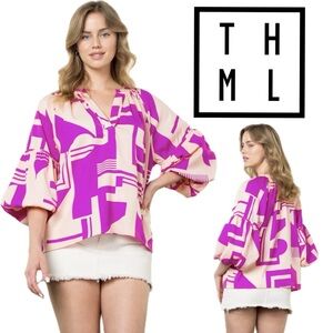 NWT THML Zola Abstract Geometric Print Magenta Pink & Cream Puff Sleeve Top - M